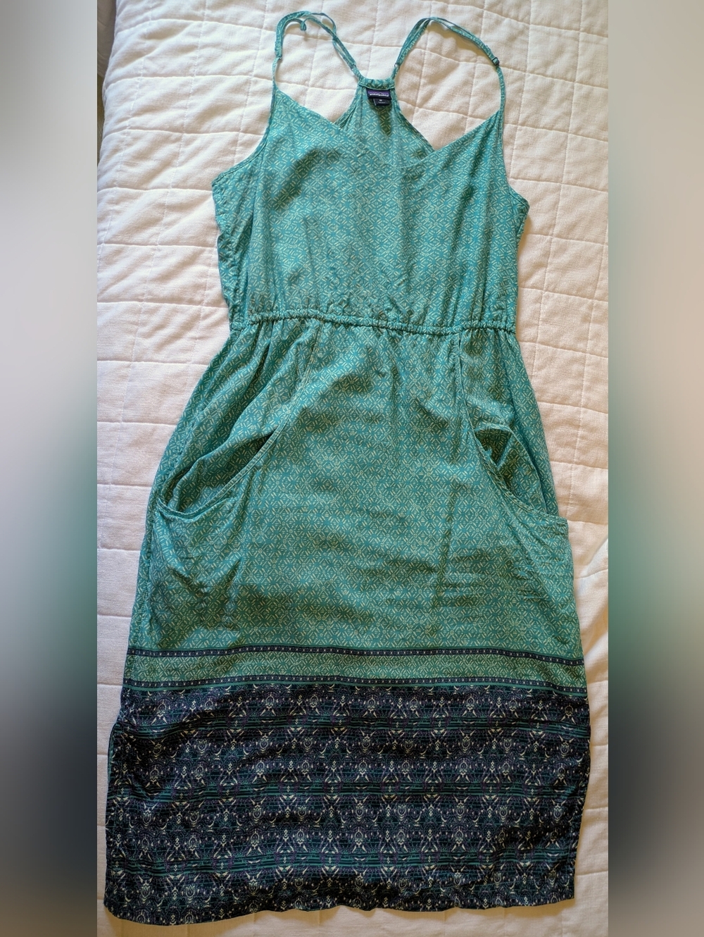 Patagonia Teal Green Patterned Dress with Printed Hem